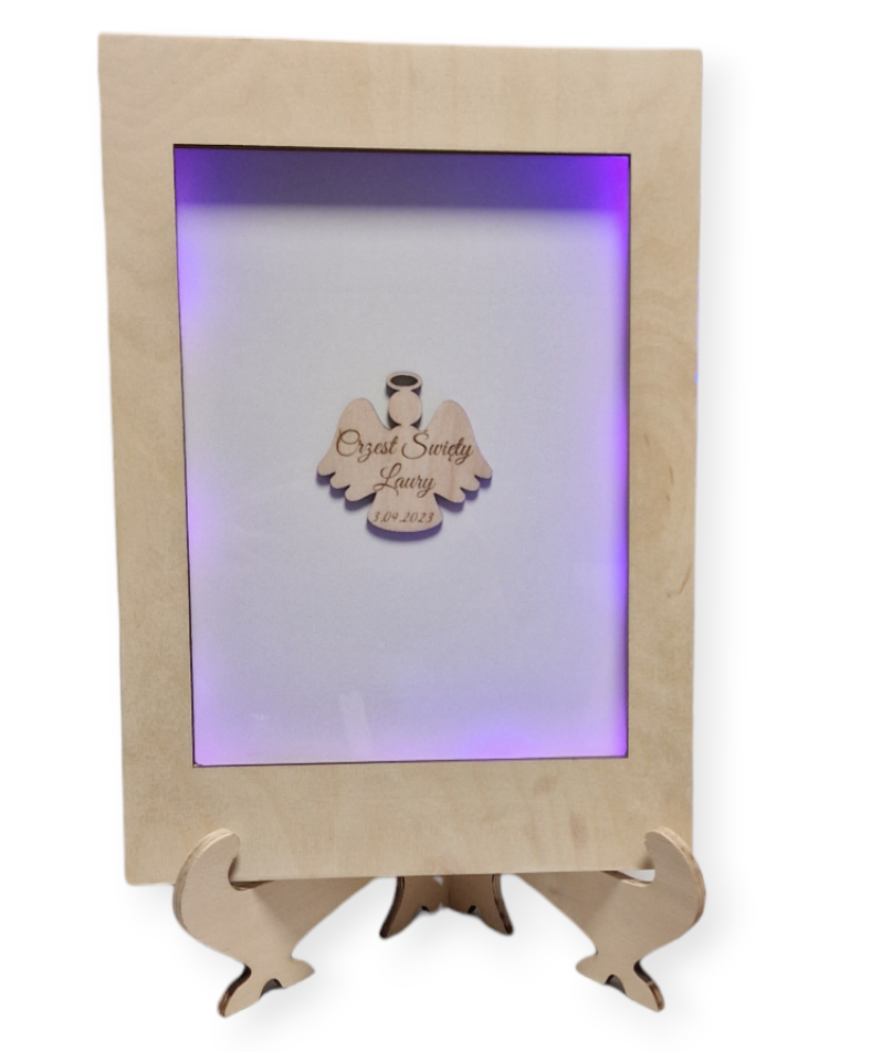 Drewniana Ramka - Księga Gości na Chrzest z Wygrawerowanym Aniołkiem i Podświetleniem LED - obrazek 7