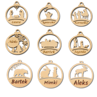 Zestaw 9 personalizowanych bombek drewnianych