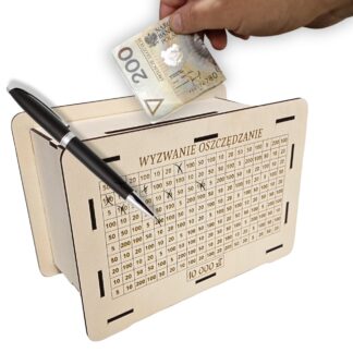 Skarbonka wykreślana. Personalizowany prezent. Grawerowana z dowolnym celem oraz kwotą.