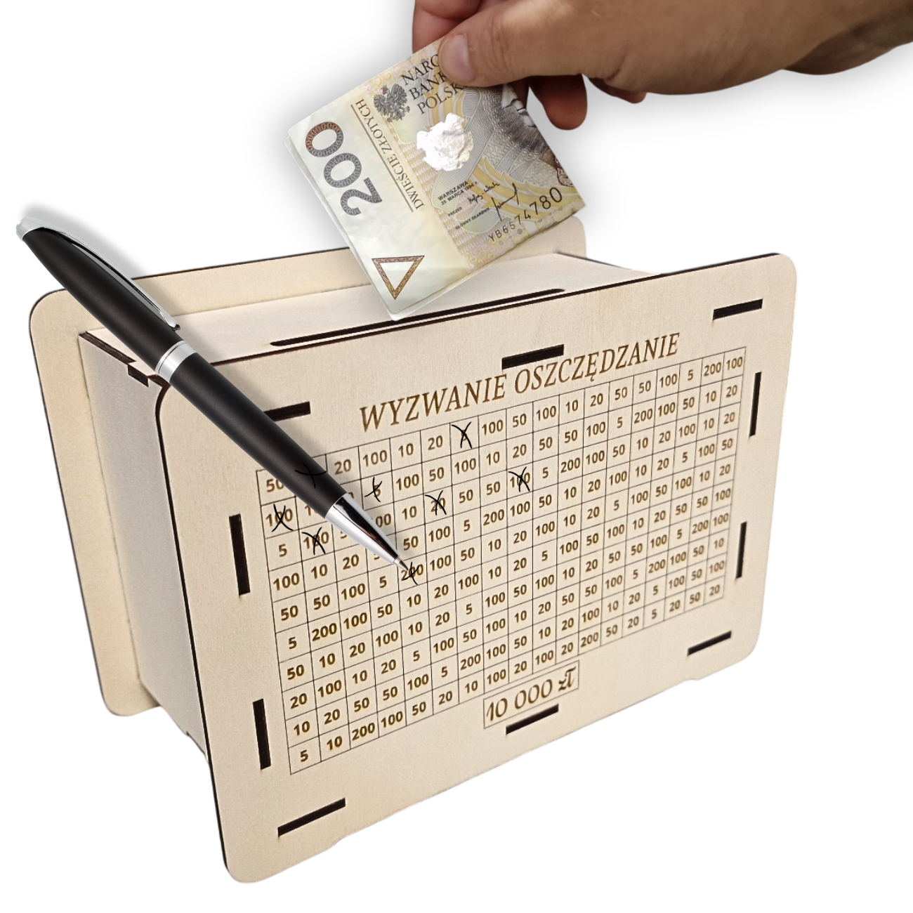 Skarbonka wykreślana. Personalizowany prezent. Grawerowana z dowolnym celem oraz kwotą.
