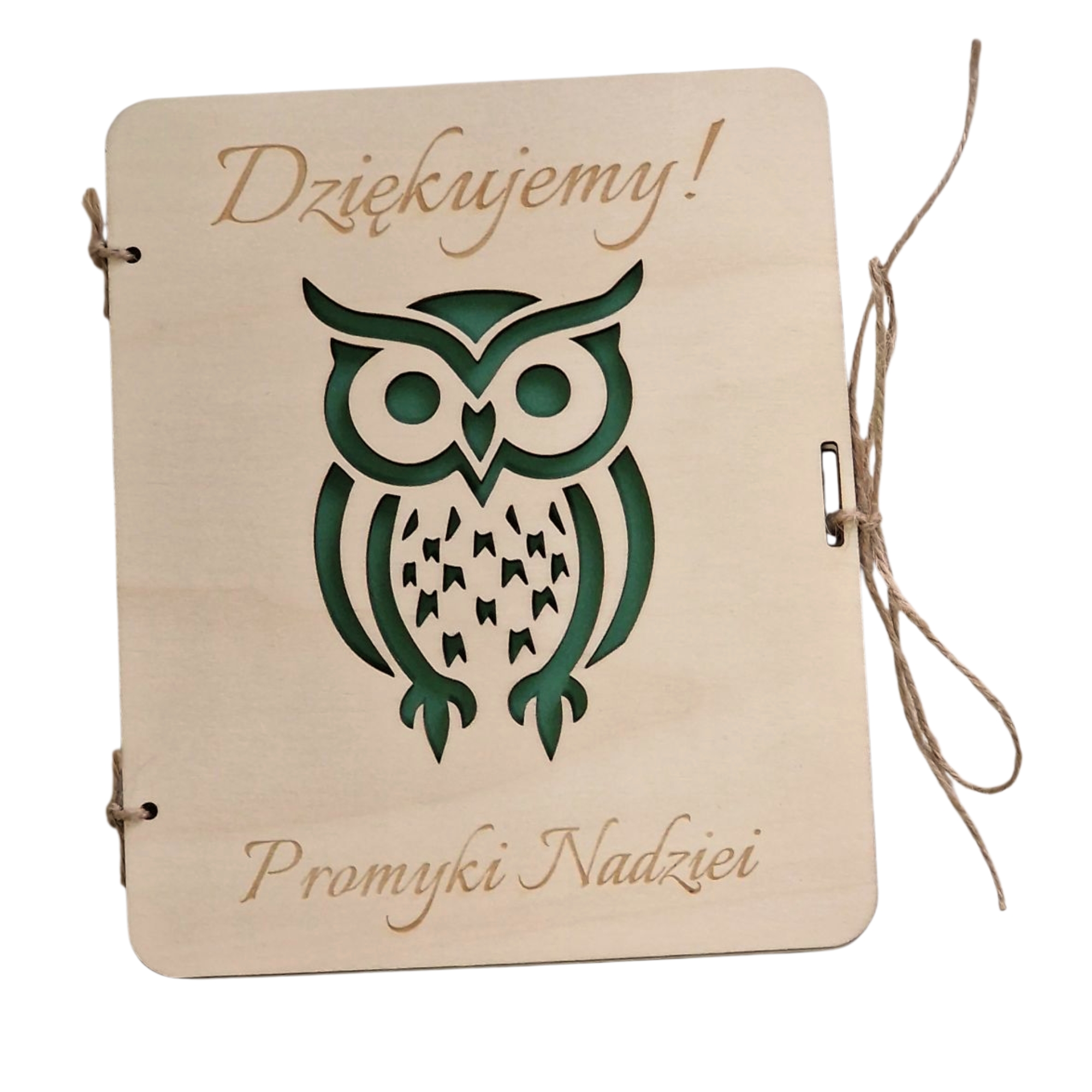 Kartka z podziękowaniami z wyciętą sówką i kopertą c6 własny grawer