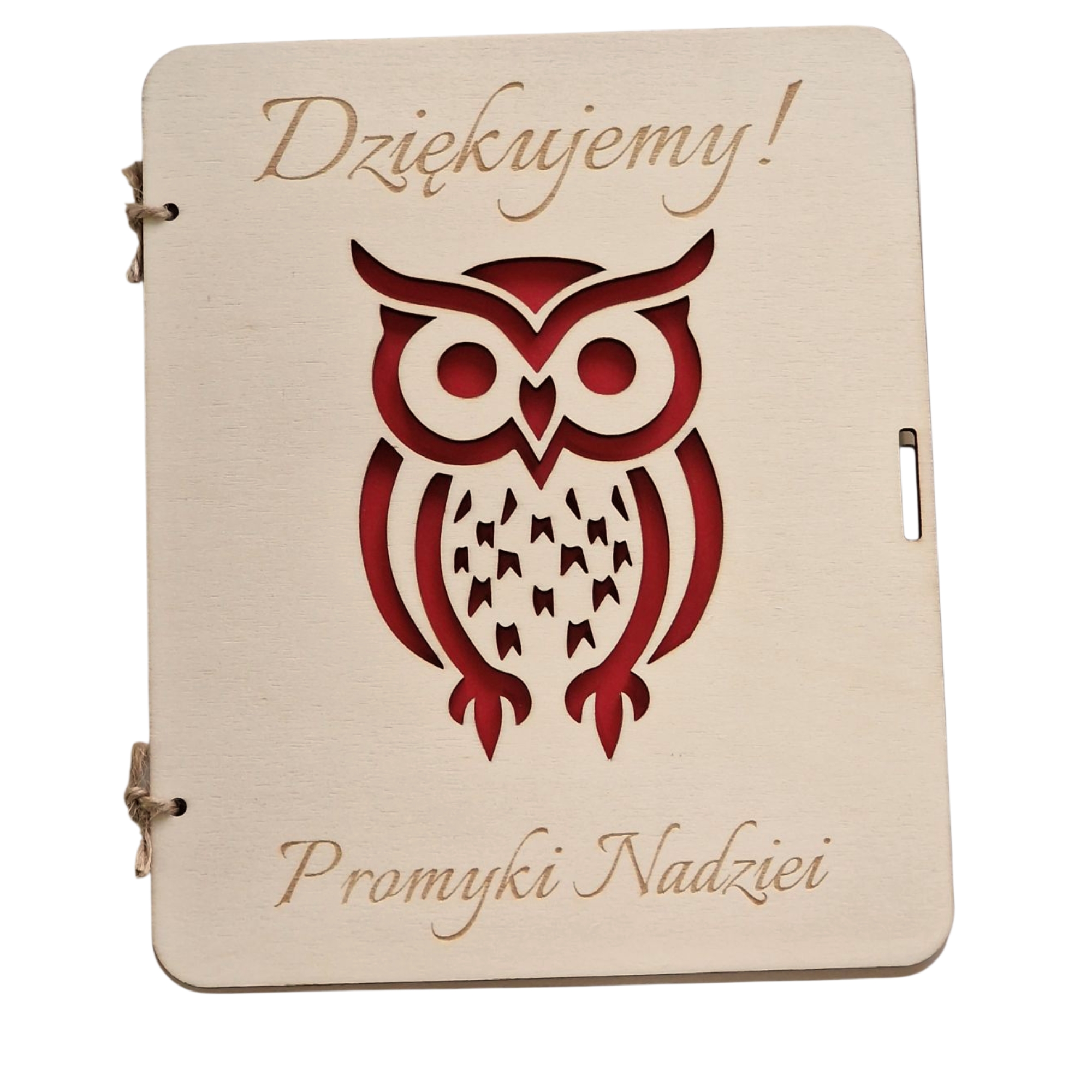 Kartka dla bliskiej osoby z życzeniami z wyciętą sówką i kopertą c6 własny grawer