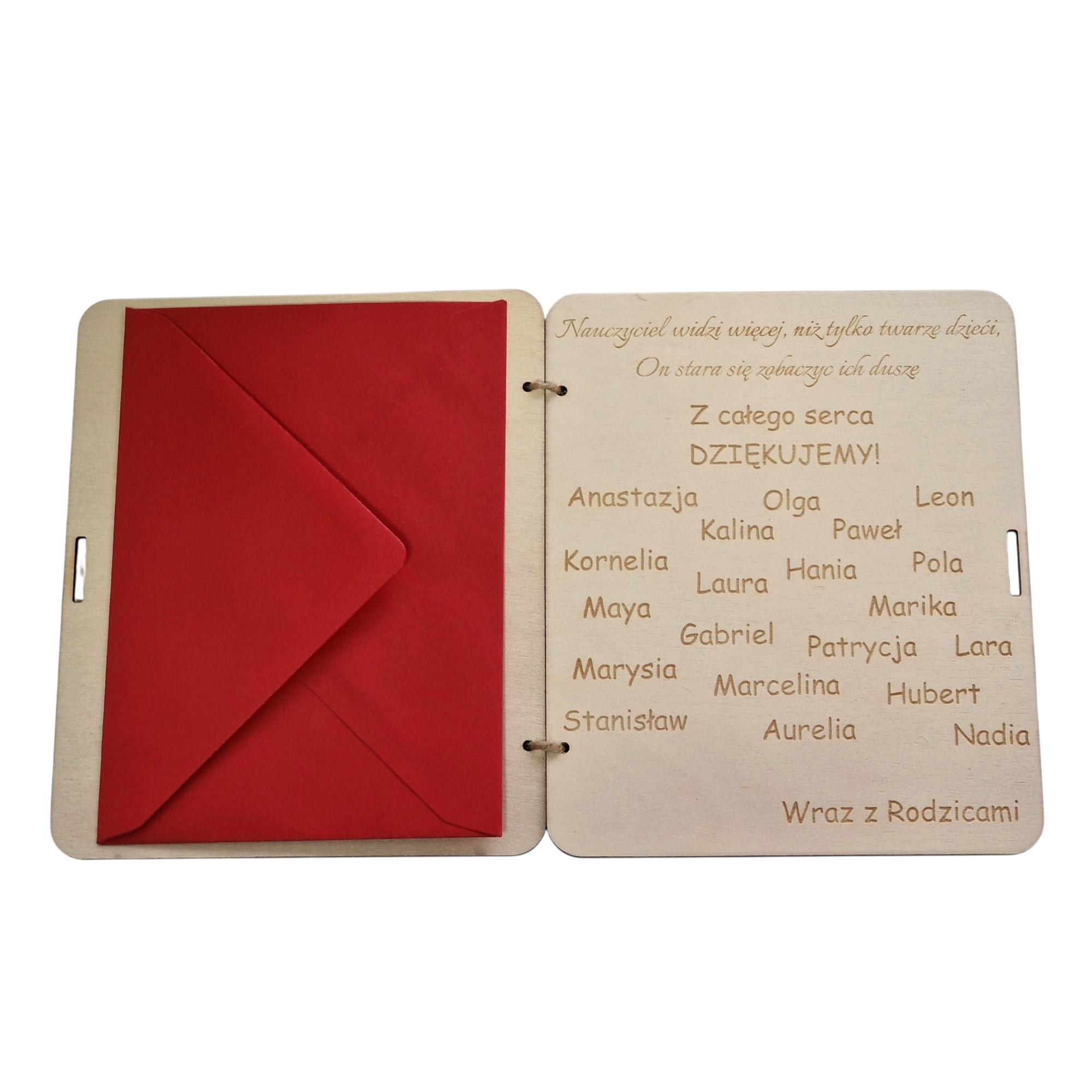 Kartka z podziękowaniami z wyciętą sówką i kopertą c6 własny grawer