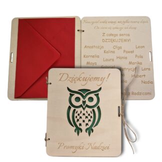 Kartka z życzeniami z wyciętą sówką i kopertą c6 własny grawer