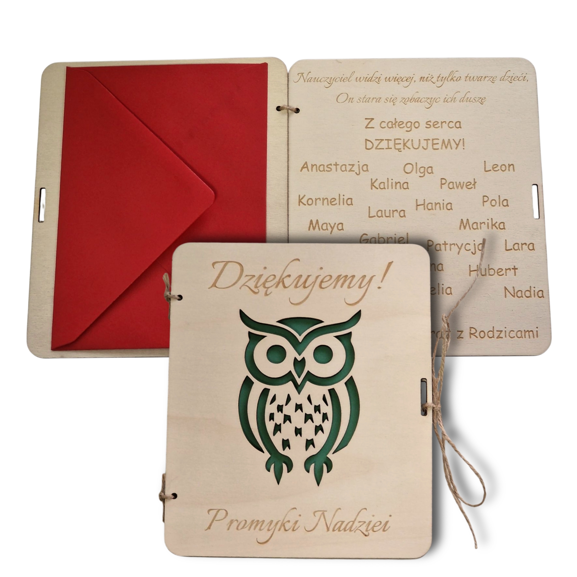 Kartka z życzeniami z wyciętą sówką i kopertą c6 własny grawer